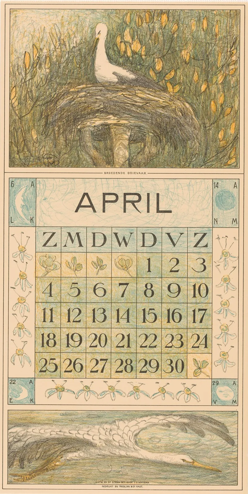 Kalenderblad April Met Ooievaar Op Het Nest