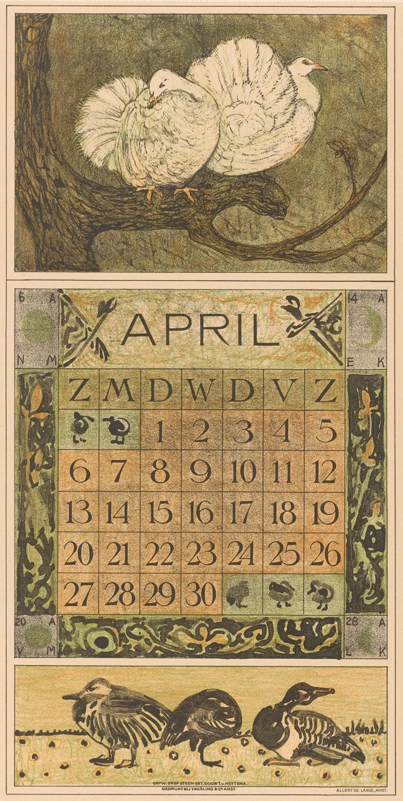 Kalenderblad April Met Twee Duiven
