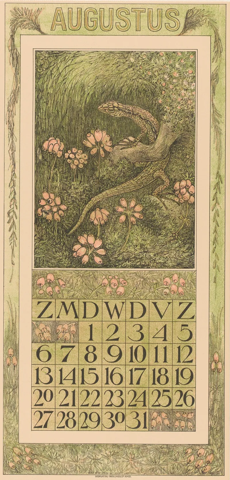 Kalenderblad Augustus Met Hagedis En Dopheide