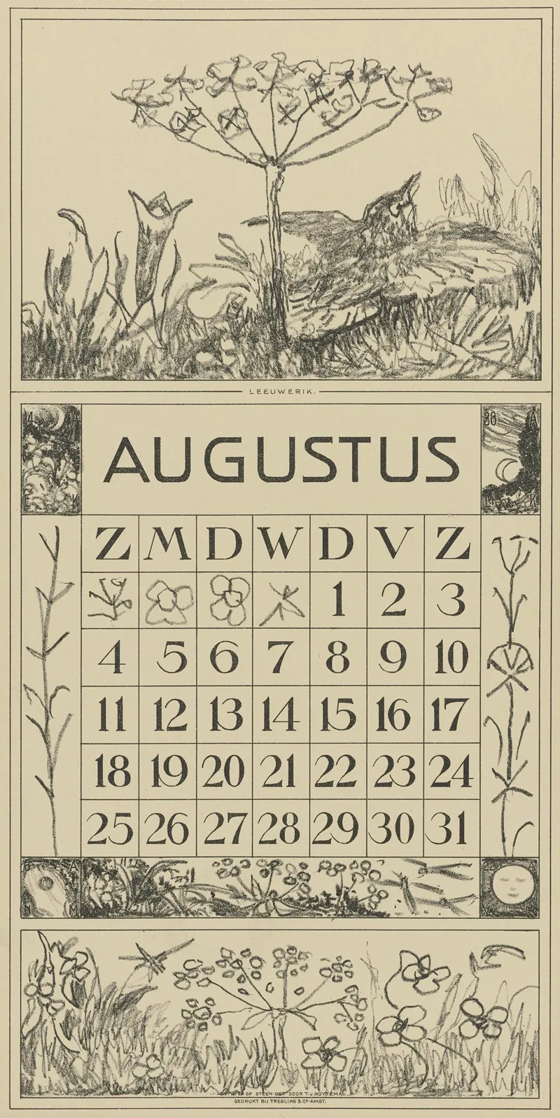 Kalenderblad Augustus Met Leeuwerik En Bloem