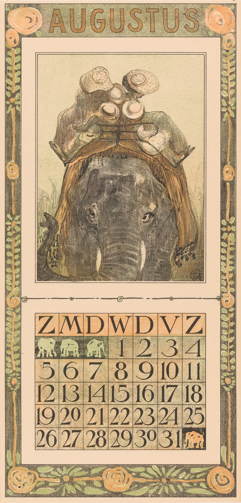 Kalenderblad Augustus Met Olifant