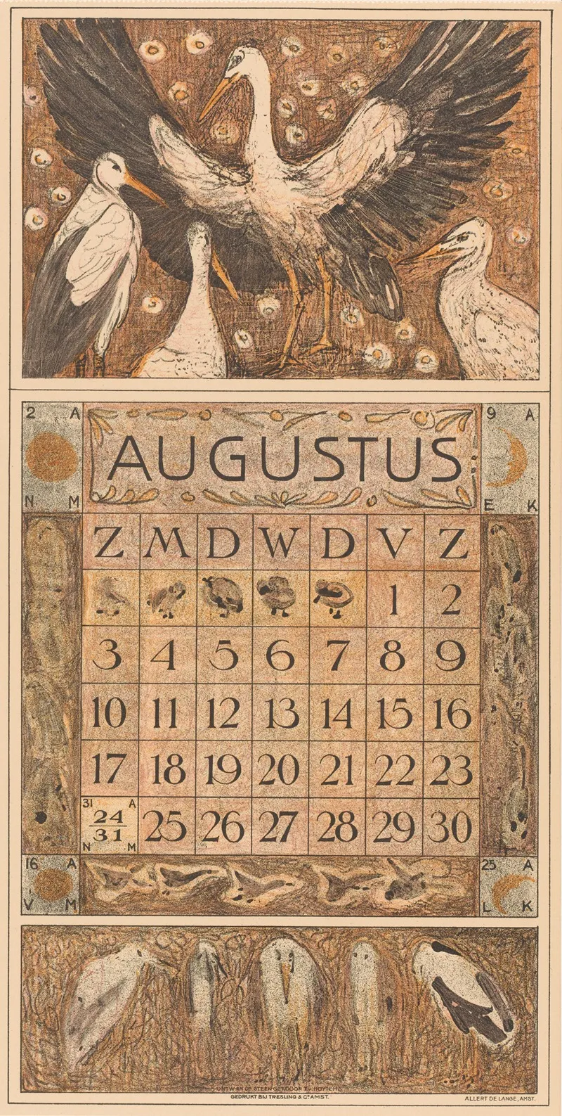 Kalenderblad Augustus Met Ooievaars