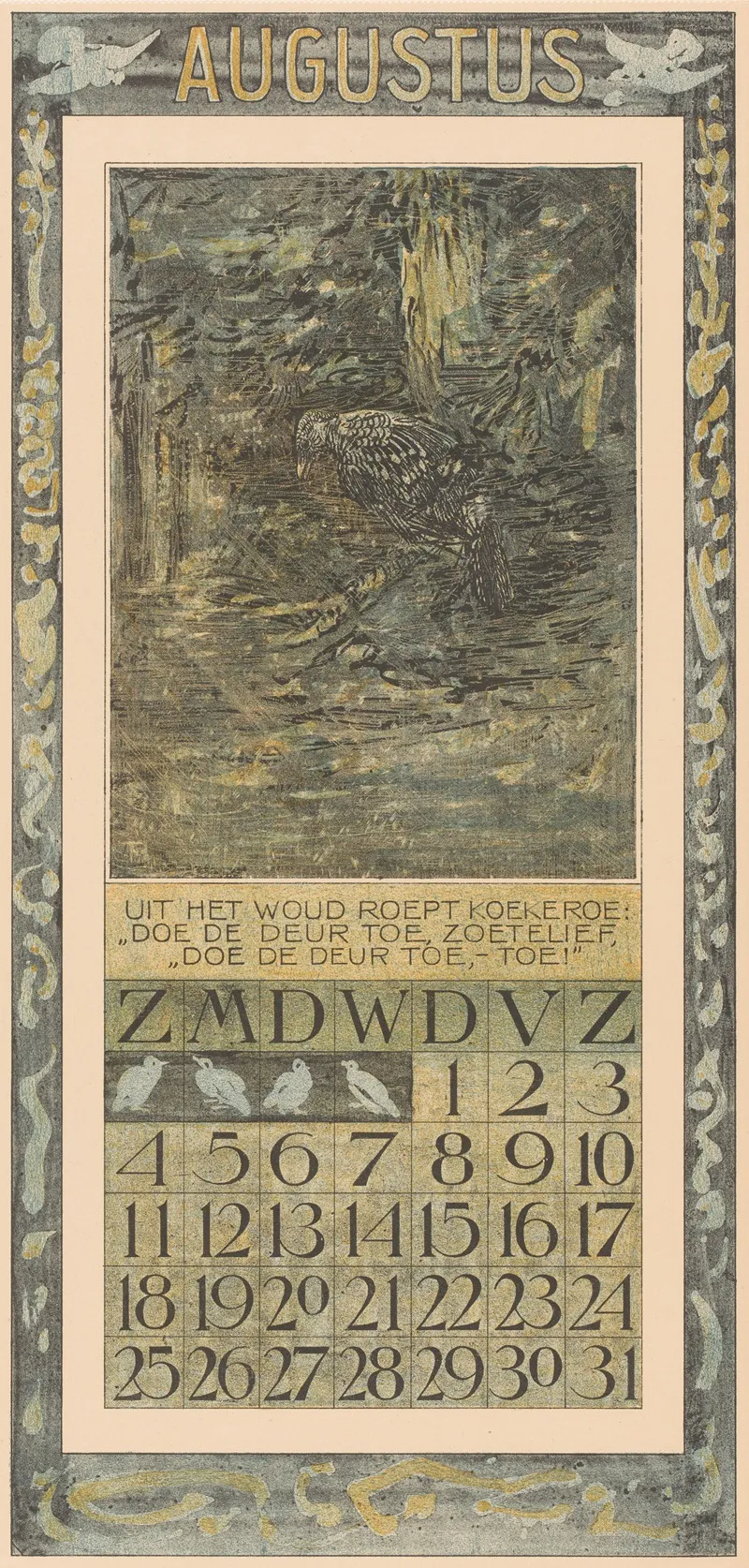 Kalenderblad Augustus Met Vogel In Het Bos