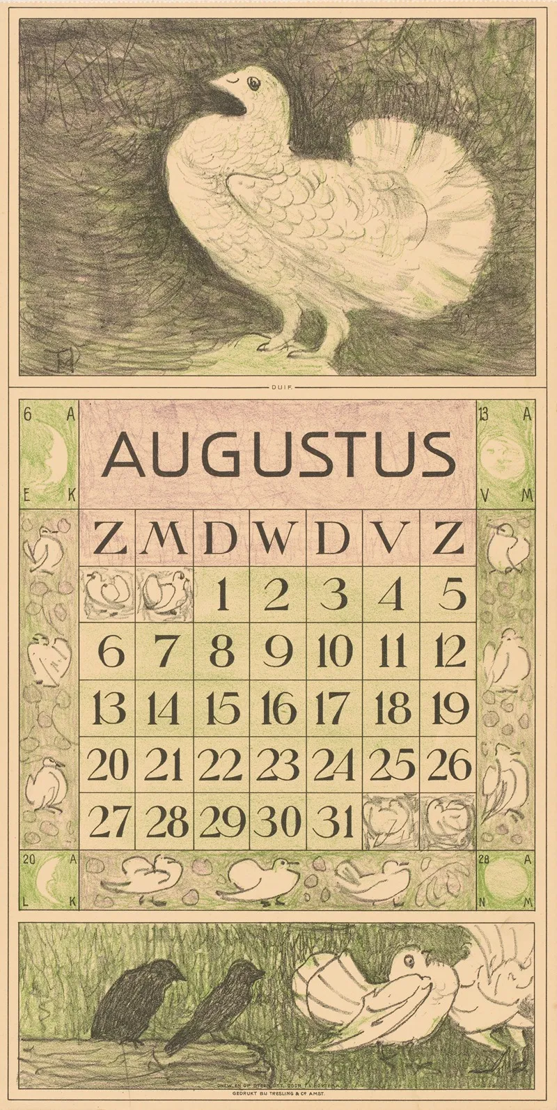 Kalenderblad Augustus Met Witte Duif