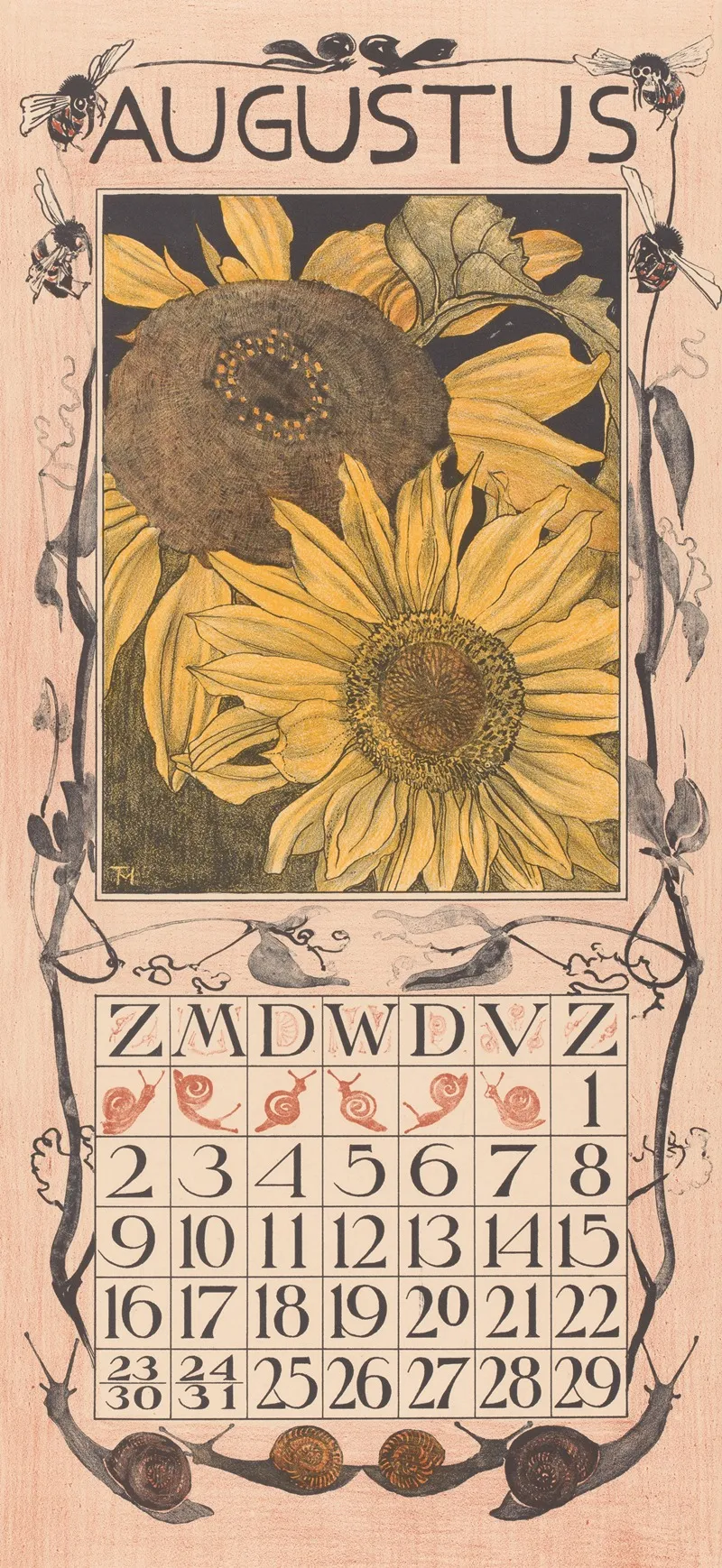 Kalenderblad Augustus Met Zonnebloemen