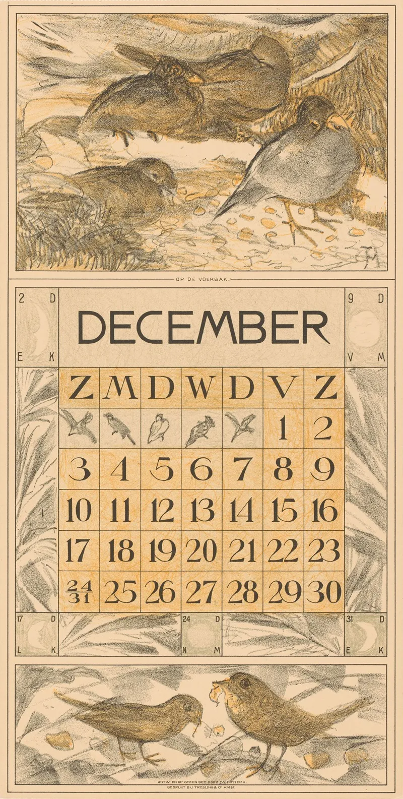 Kalenderblad December Met Etende Vogels