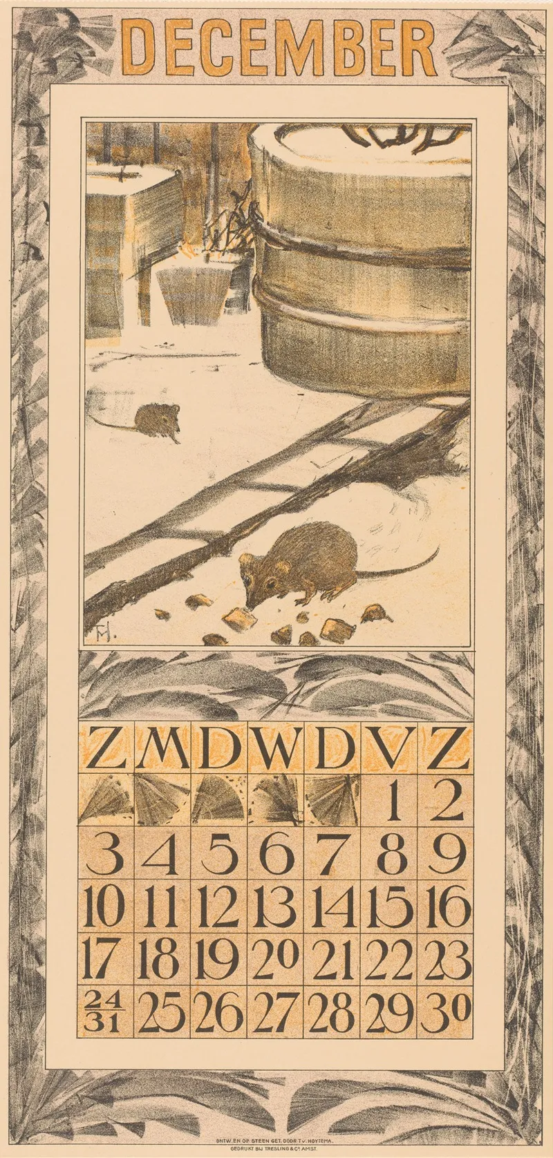 Kalenderblad December Met Muizen In De Sneeuw