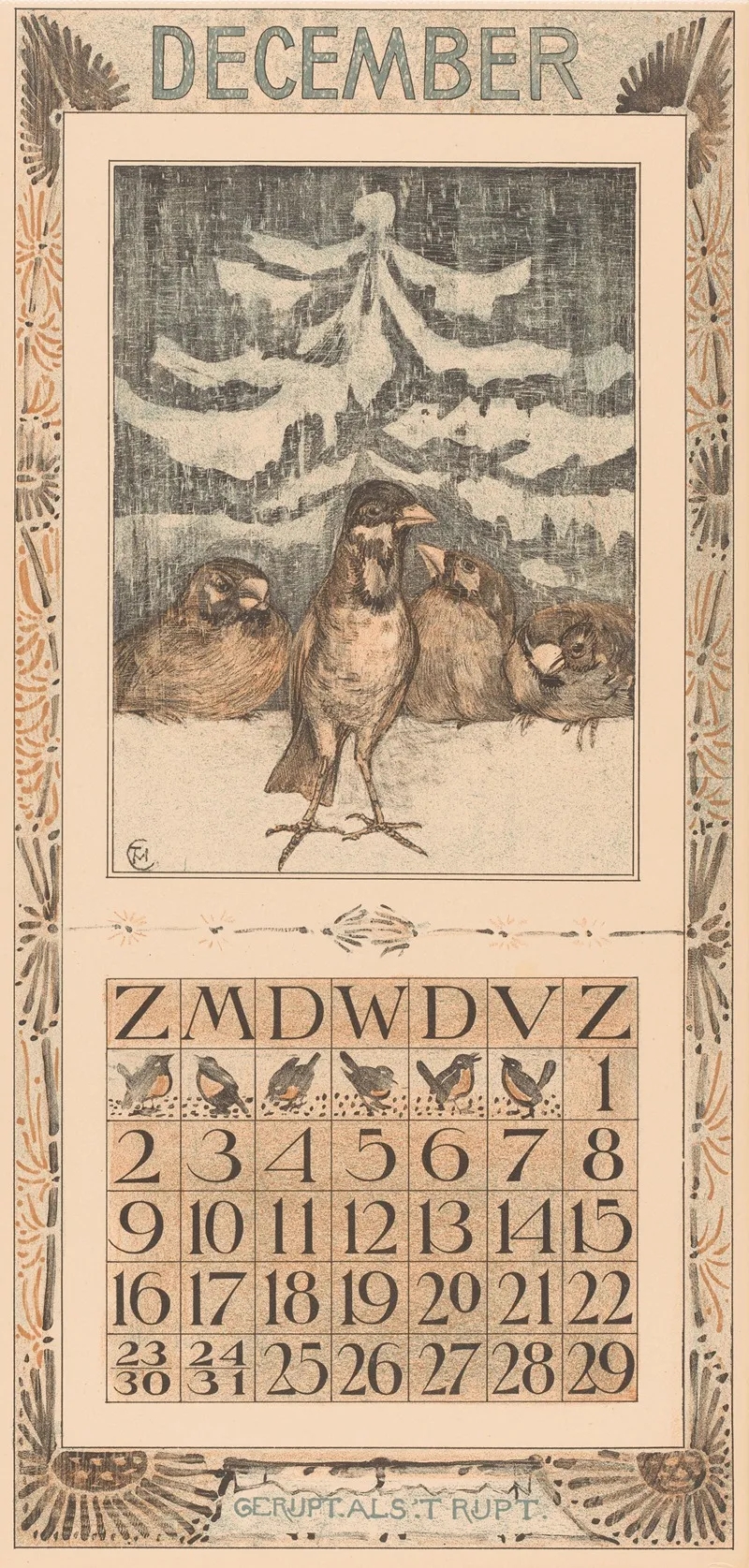Kalenderblad December Met Mussen In De Sneeuw