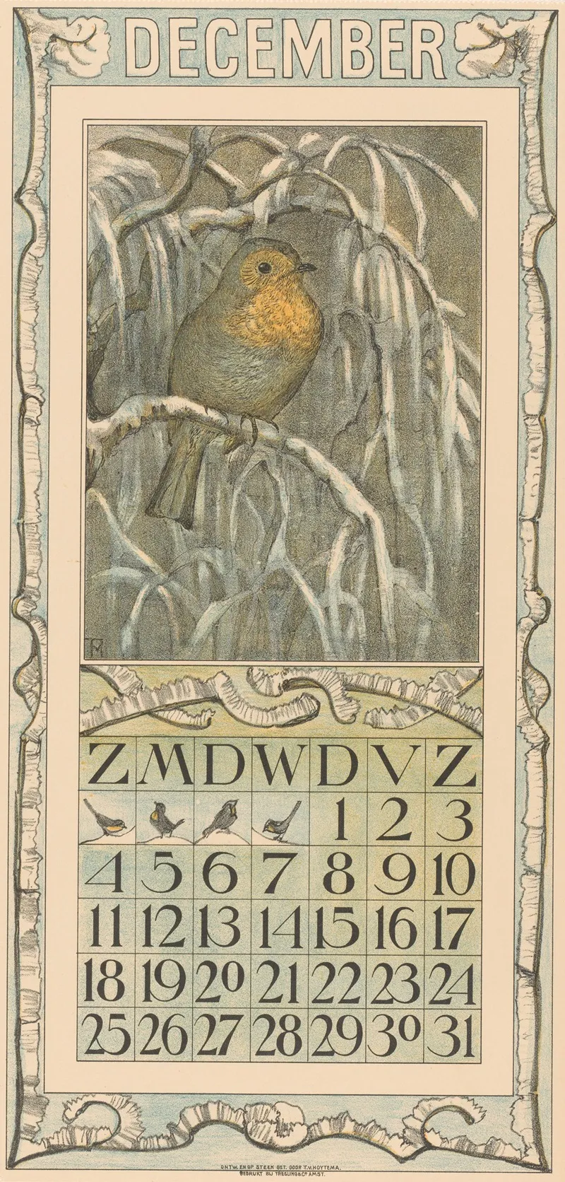 Kalenderblad December Met Roodborstje