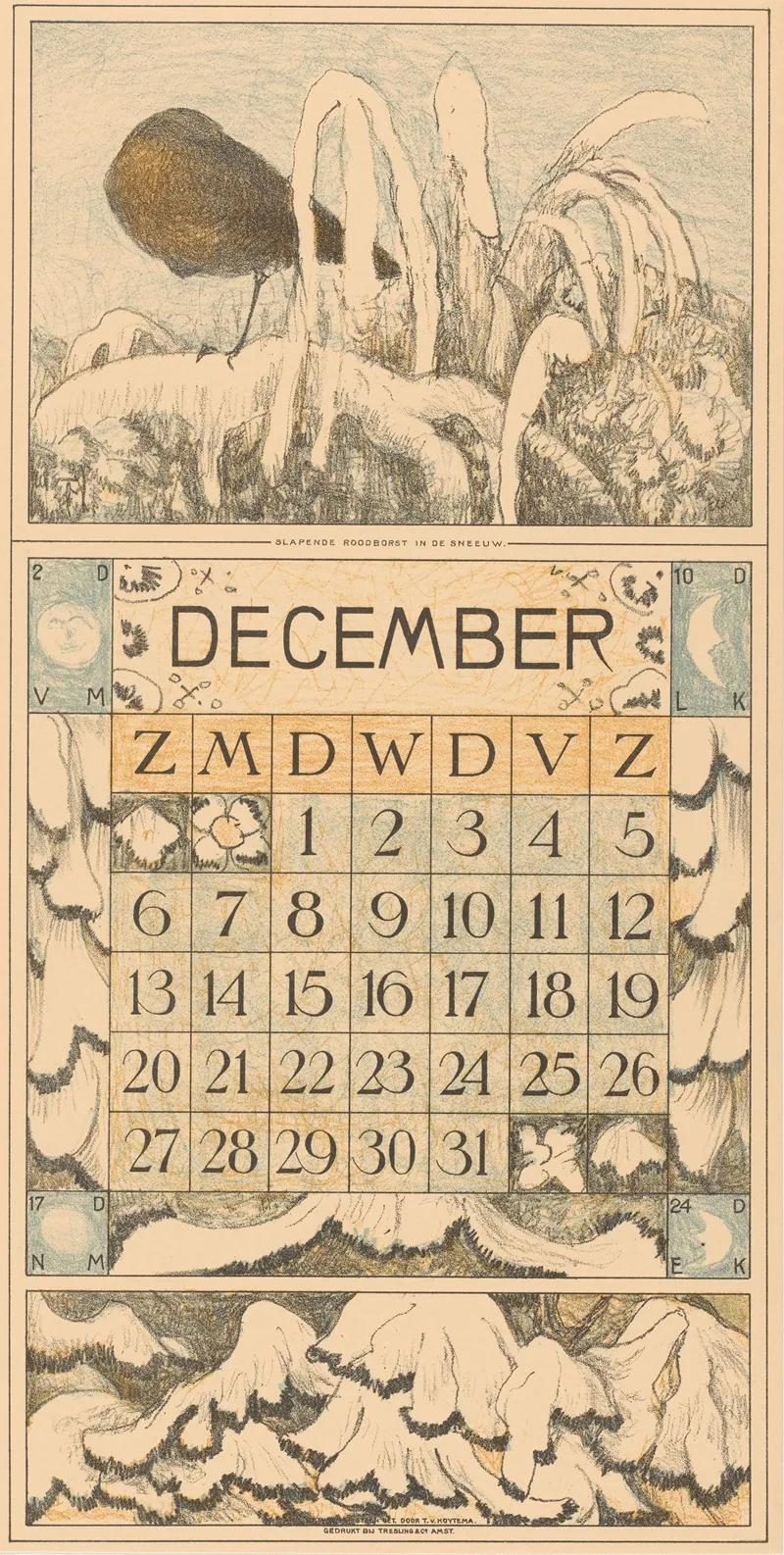 Kalenderblad December Met Slapend Roodborstje