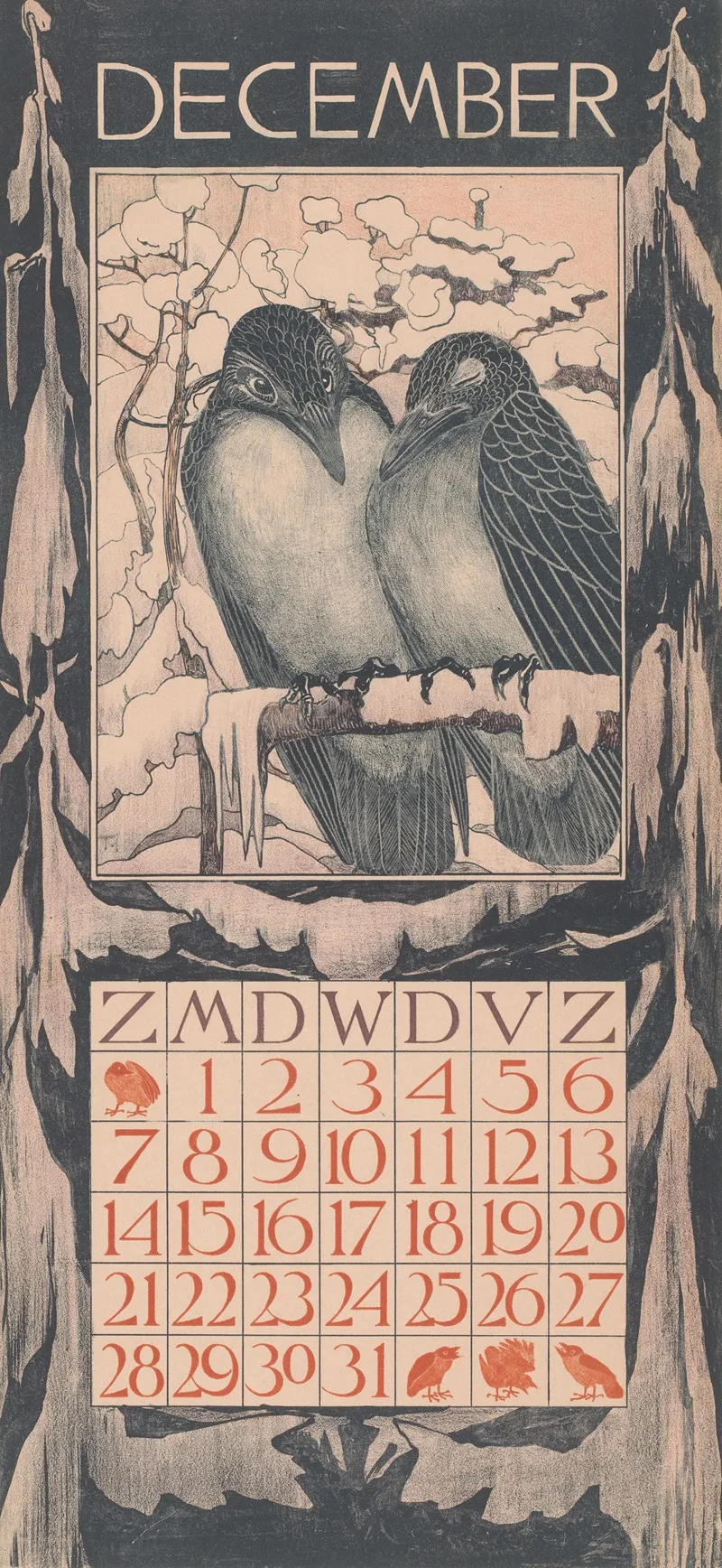 Kalenderblad December Met Twee Vogels