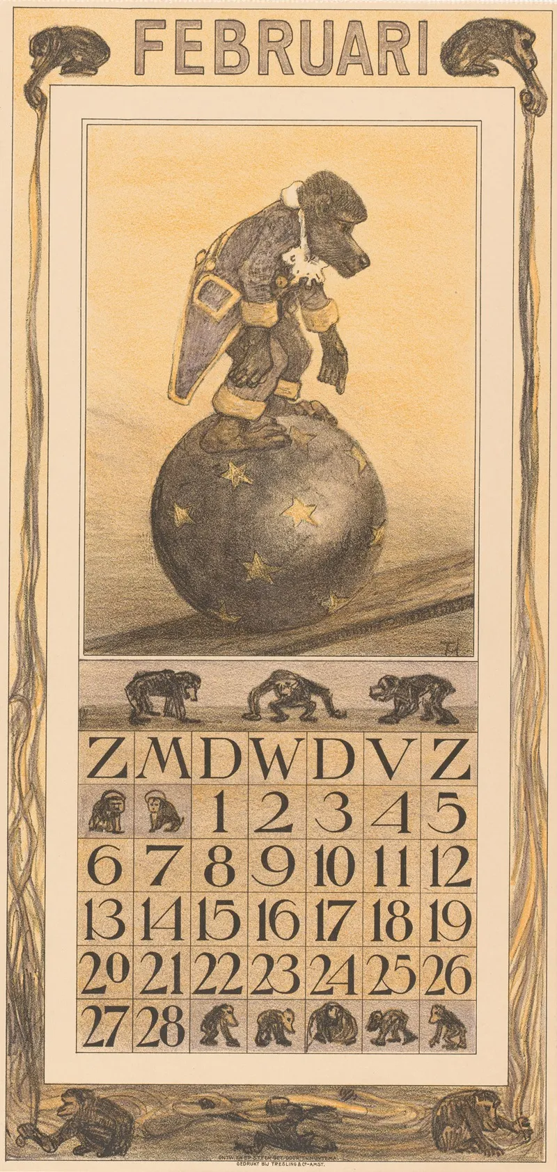 Kalenderblad Februari Met Aap Op Een Bal