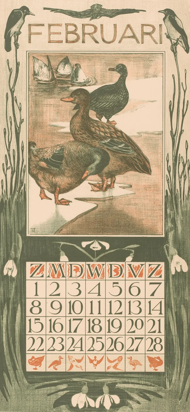 Kalenderblad Februari Met Eenden