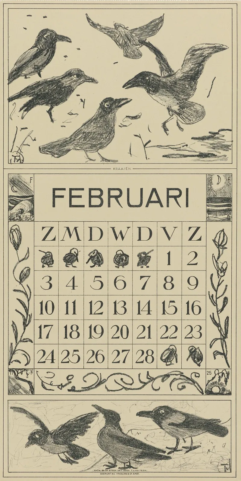 Kalenderblad Februari Met Kraaien