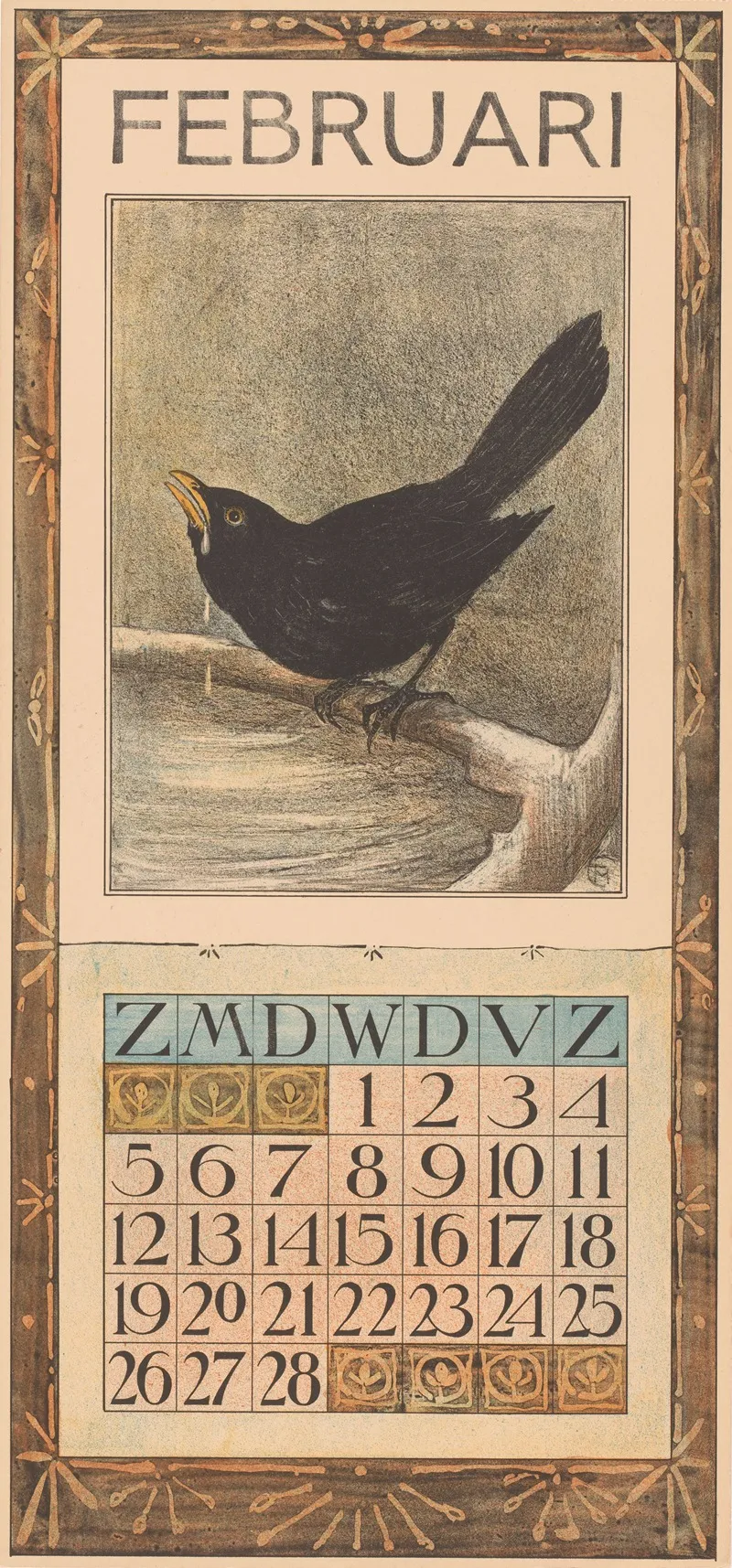 Kalenderblad Februari Met Merel