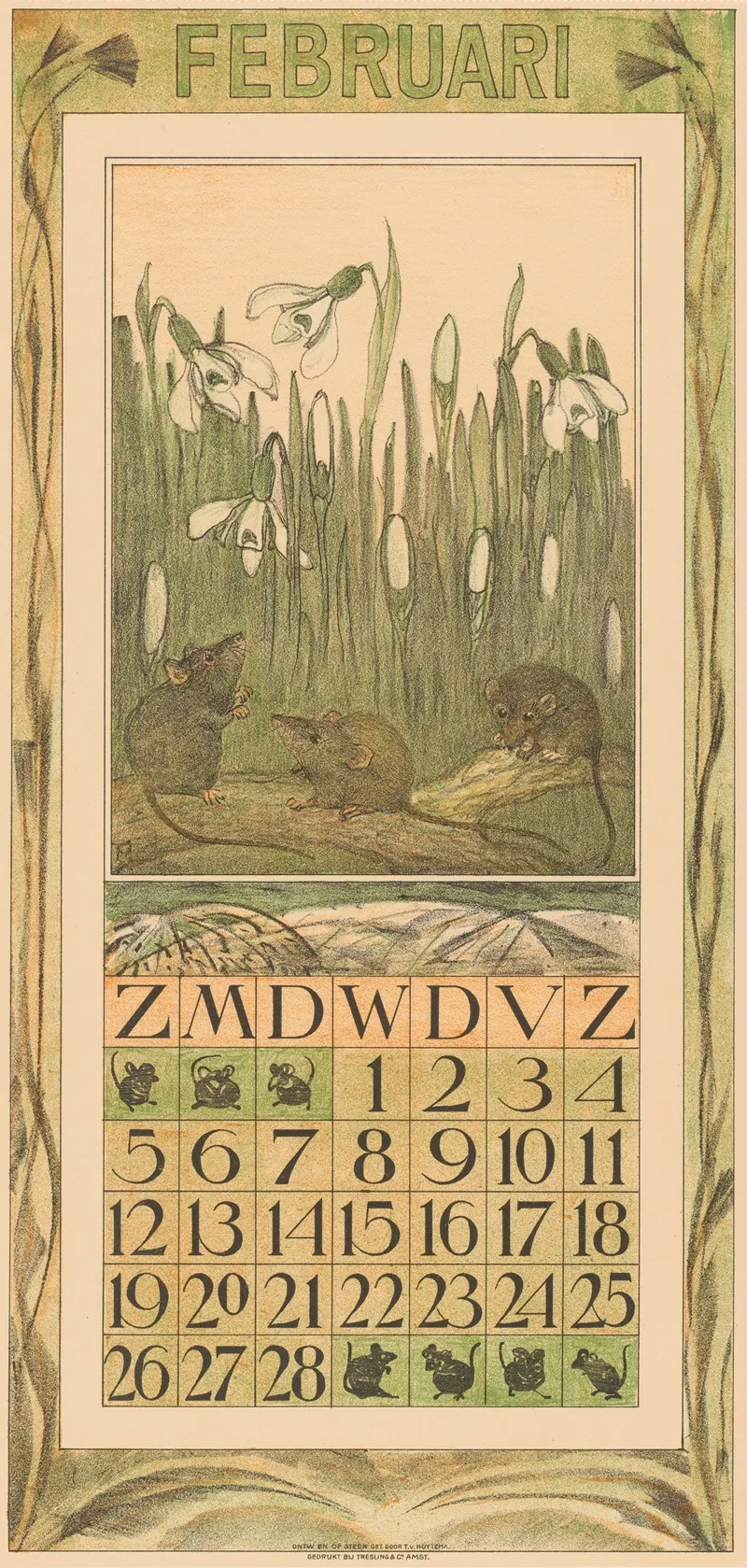 Kalenderblad Februari Met Sneeuwklokjes En Muizen