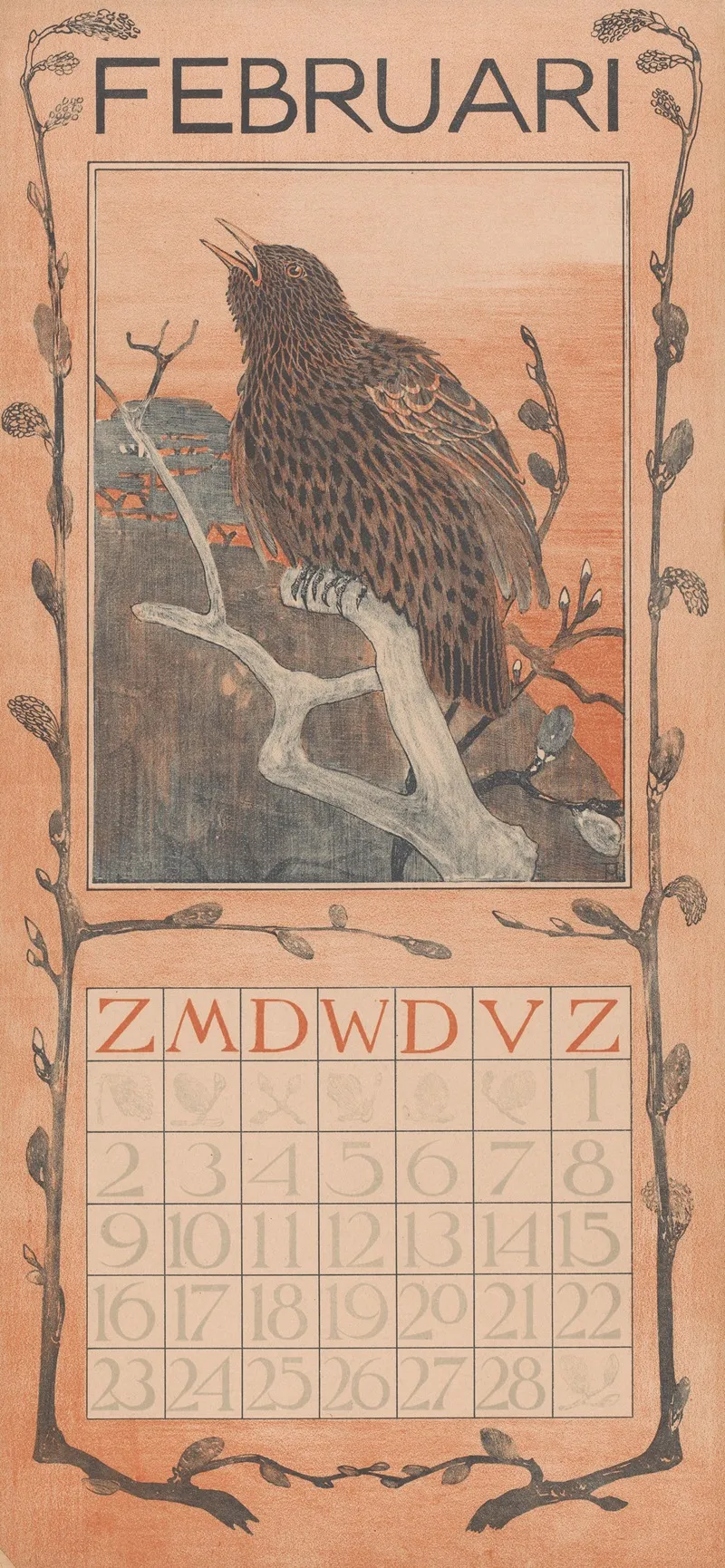 Kalenderblad Februari Met Spreeuw