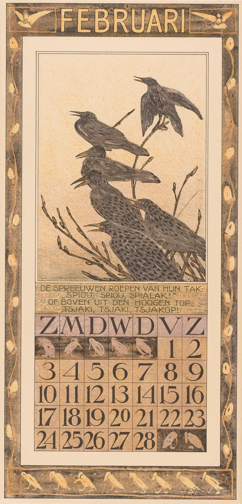 Kalenderblad Februari Met Spreeuwen