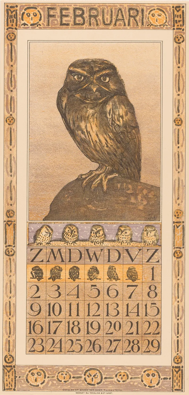 Kalenderblad Februari Met Uil