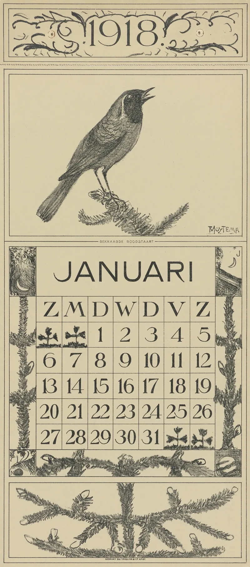 Kalenderblad Januari Met Gekraagde Roodstaart