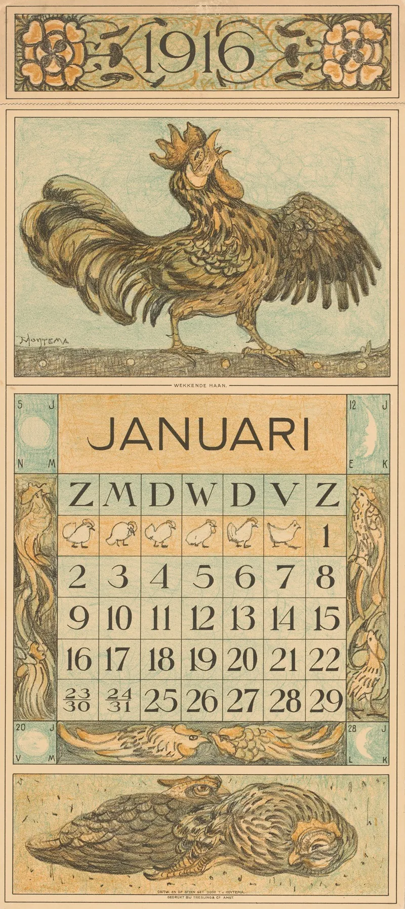 Kalenderblad Januari Met Kraaiende Haan