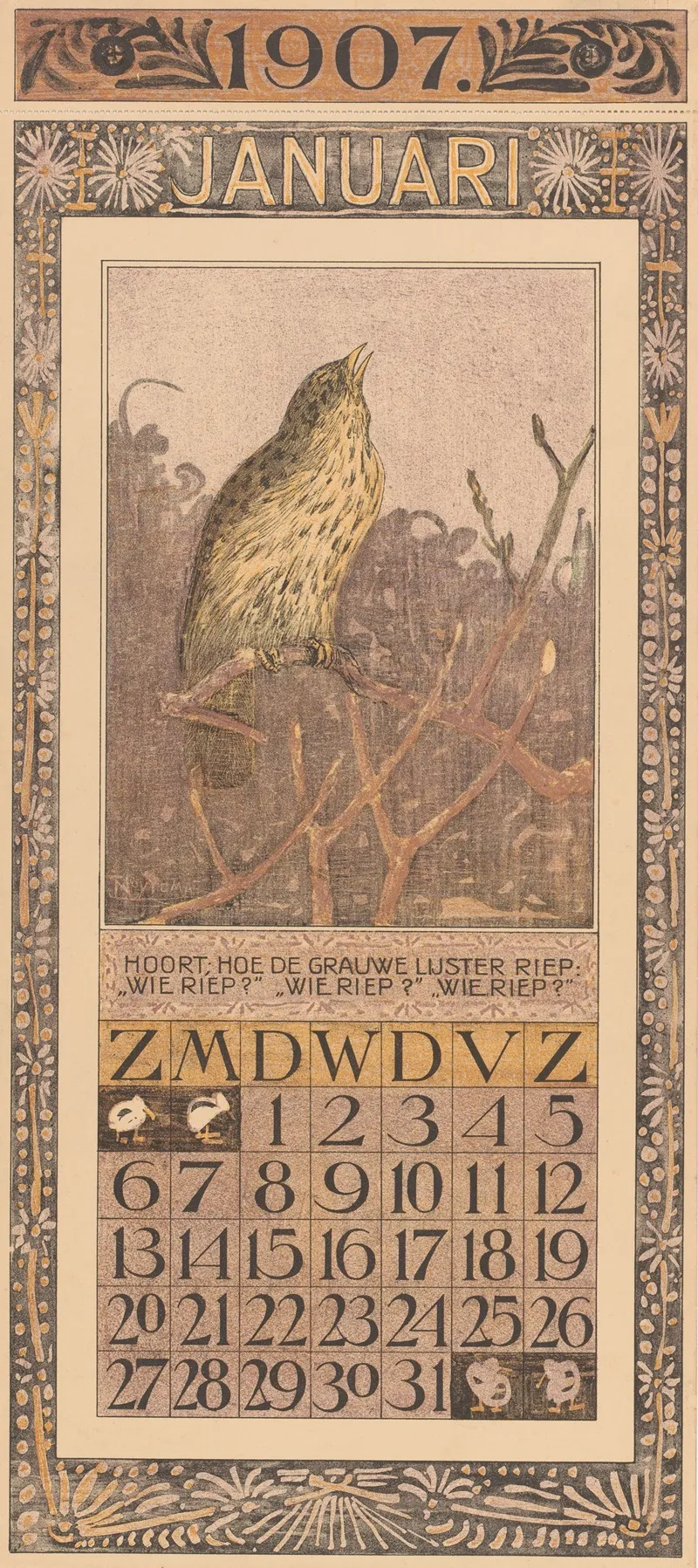 Kalenderblad Januari Met Lijster