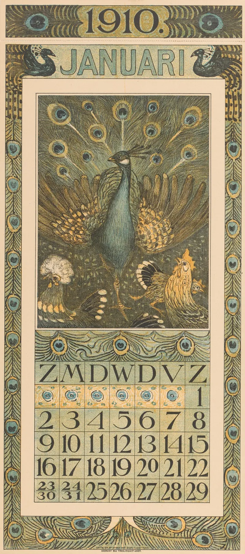 Kalenderblad Januari Met Pauw En Kippen