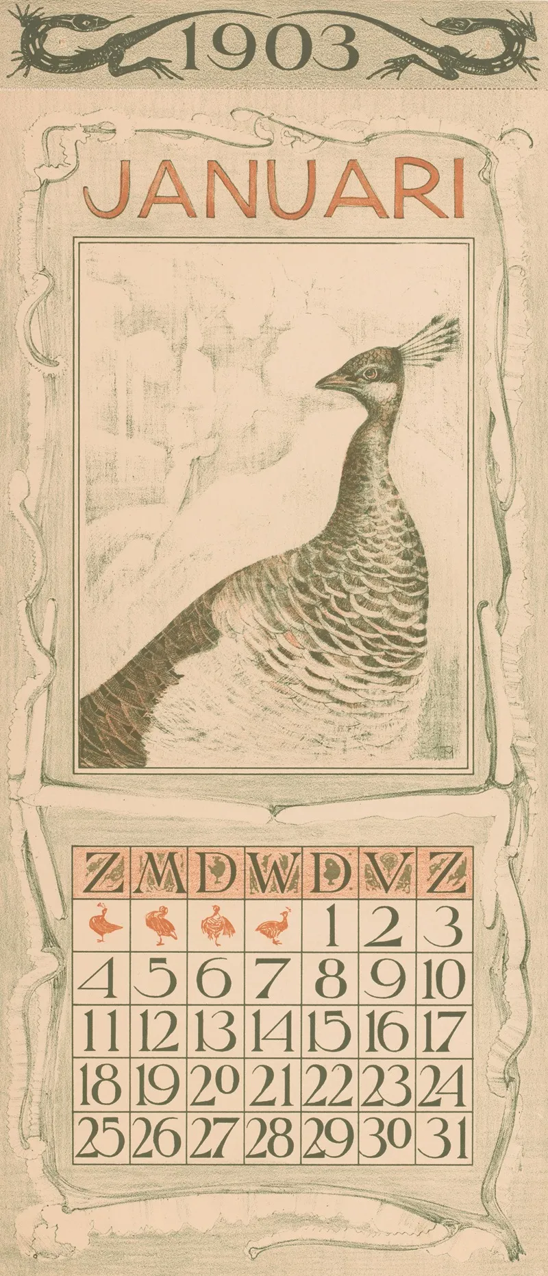 Kalenderblad Januari Met Pauw