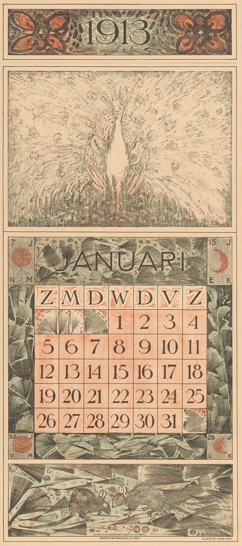 Kalenderblad Januari Met Pronkende Pauw
