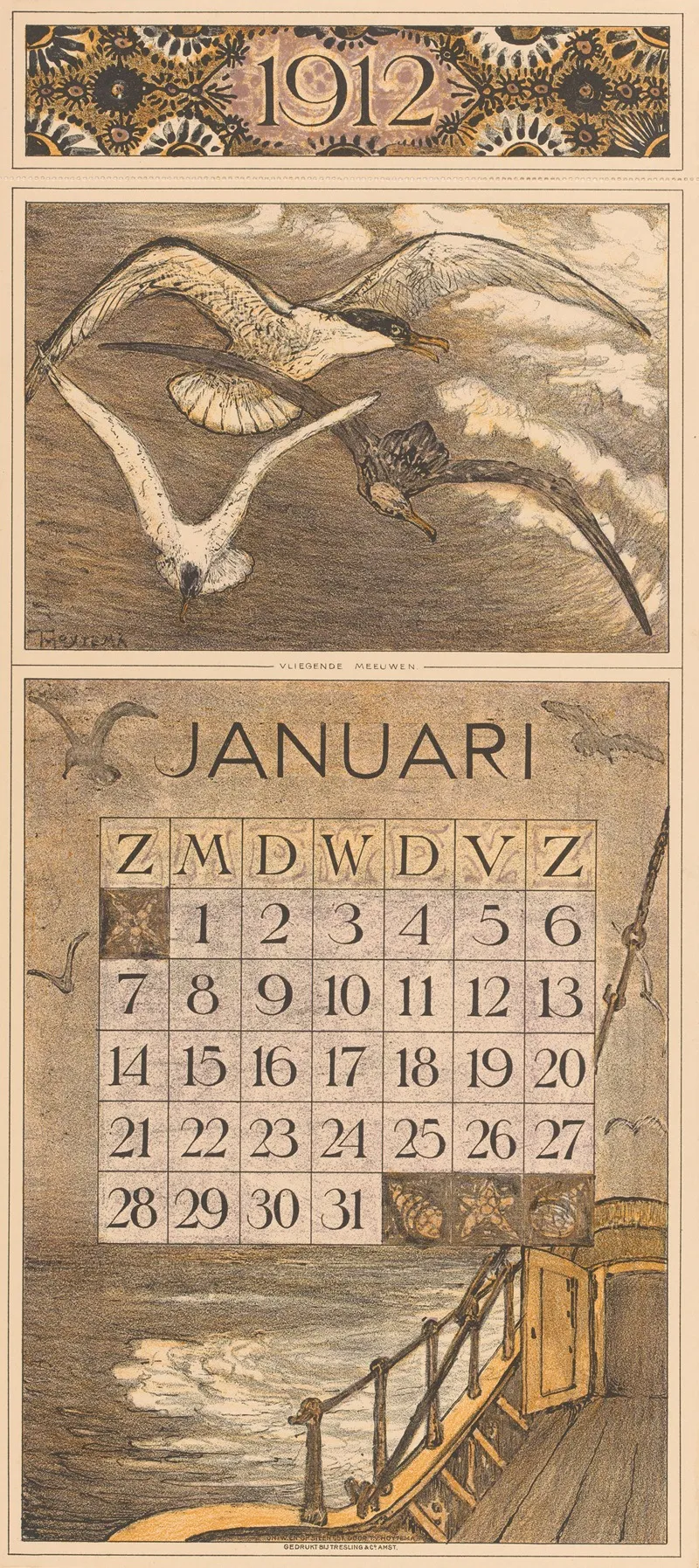Kalenderblad Januari Met Schip En Meeuwen
