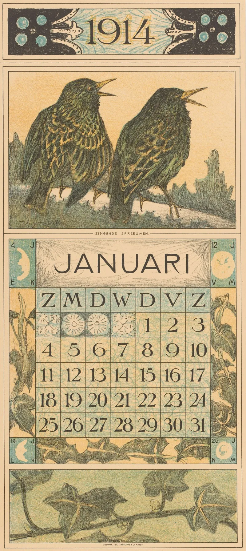 Kalenderblad Januari Met Spreeuwen
