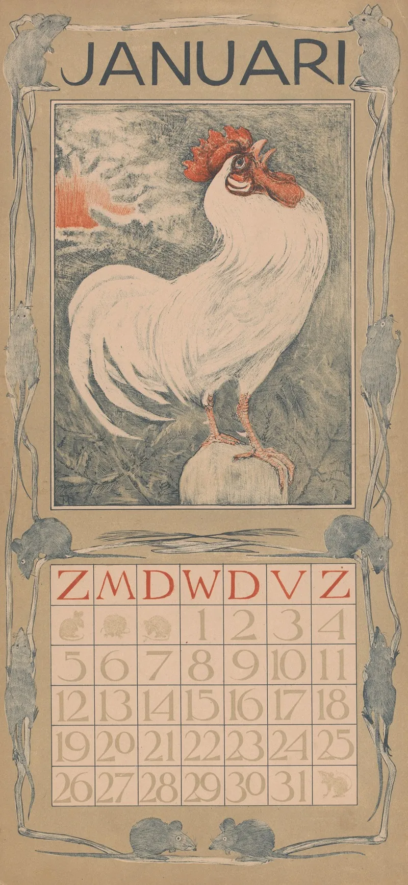 Kalenderblad Januari Met Witte Haan