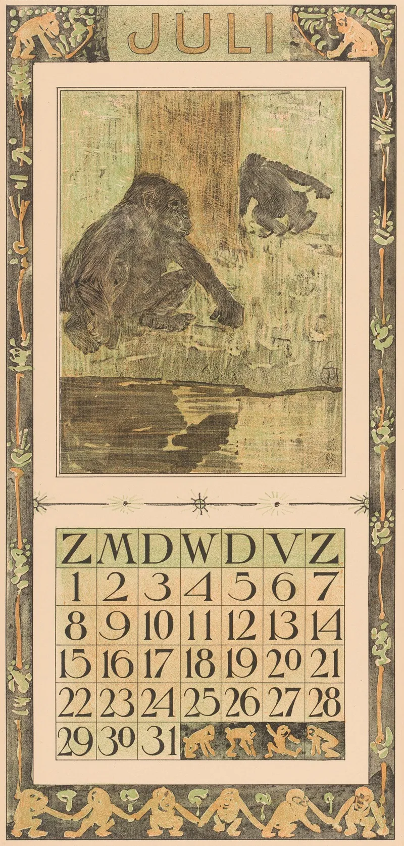 Kalenderblad Juli Met Apen
