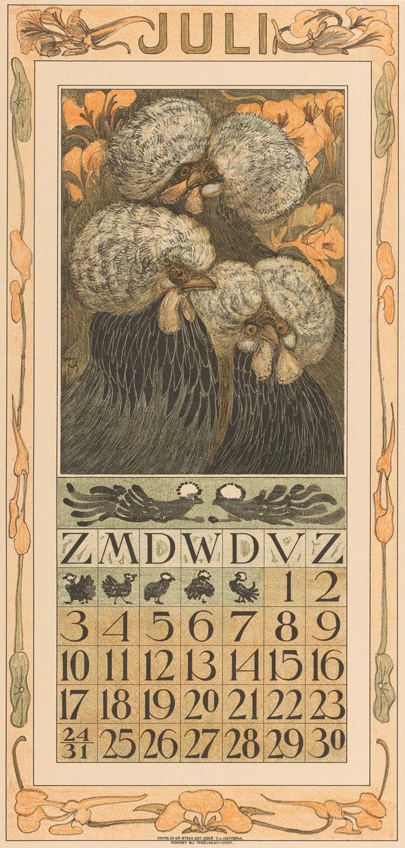 Kalenderblad Juli Met Drie Kuifkippen