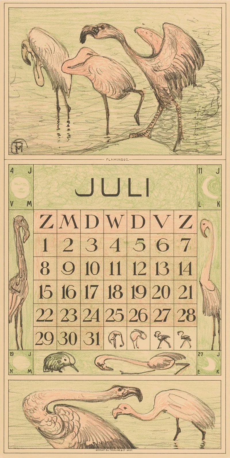 Kalenderblad Juli Met Flamingos