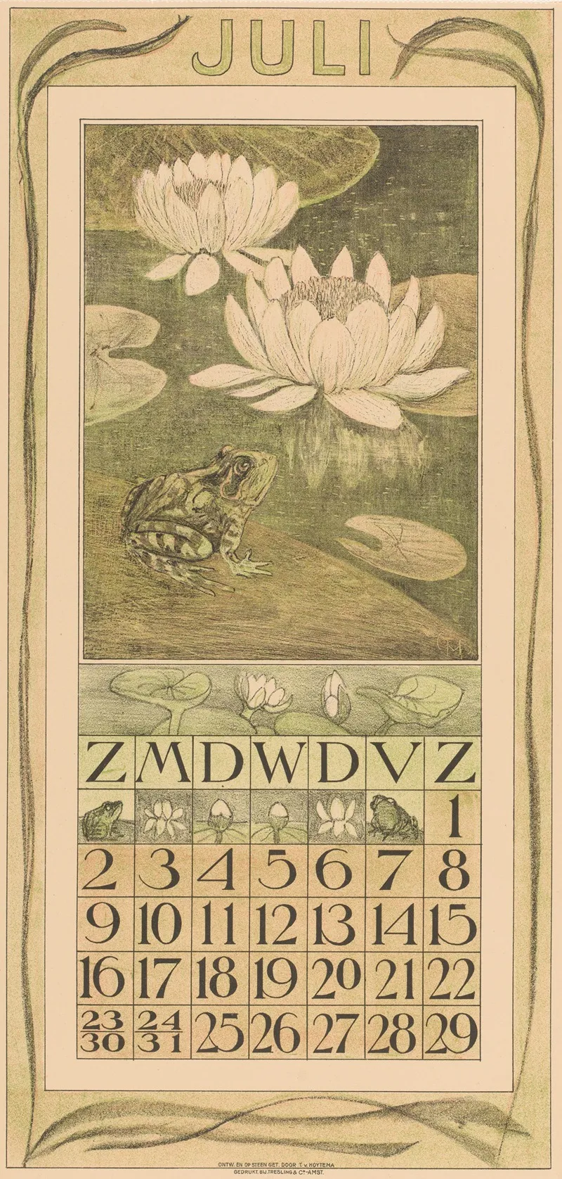 Kalenderblad Juli Met Kikker En Waterlelies