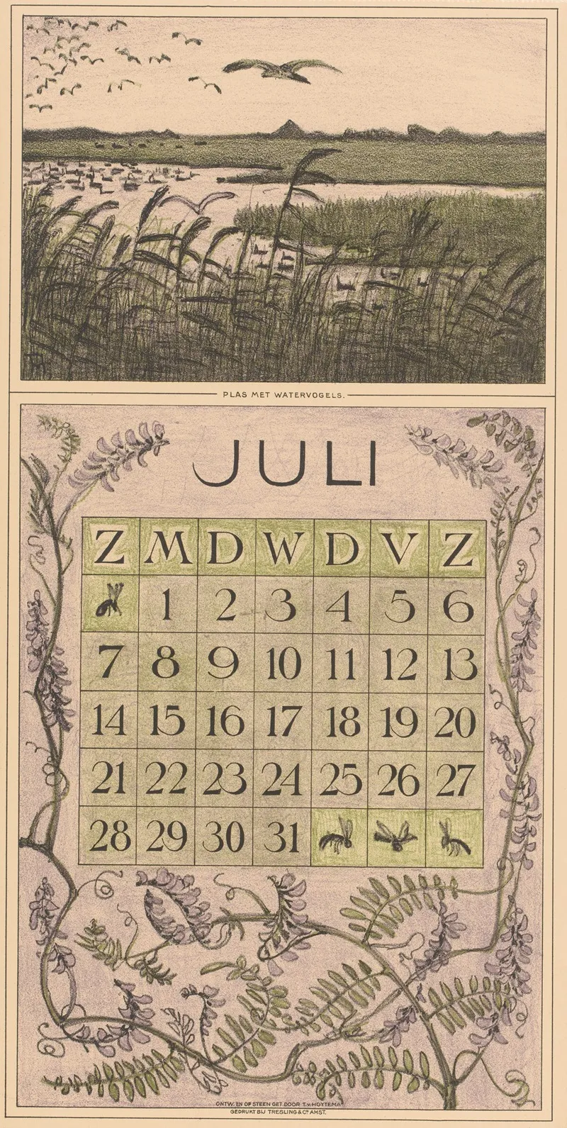 Kalenderblad Juli Met Landschap Met Vogels