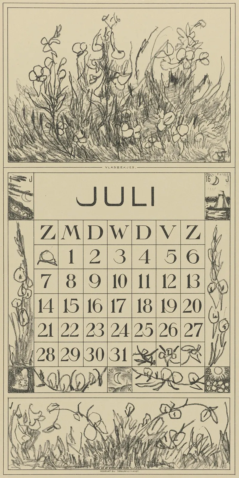 Kalenderblad Juli Met Vlasbekjes