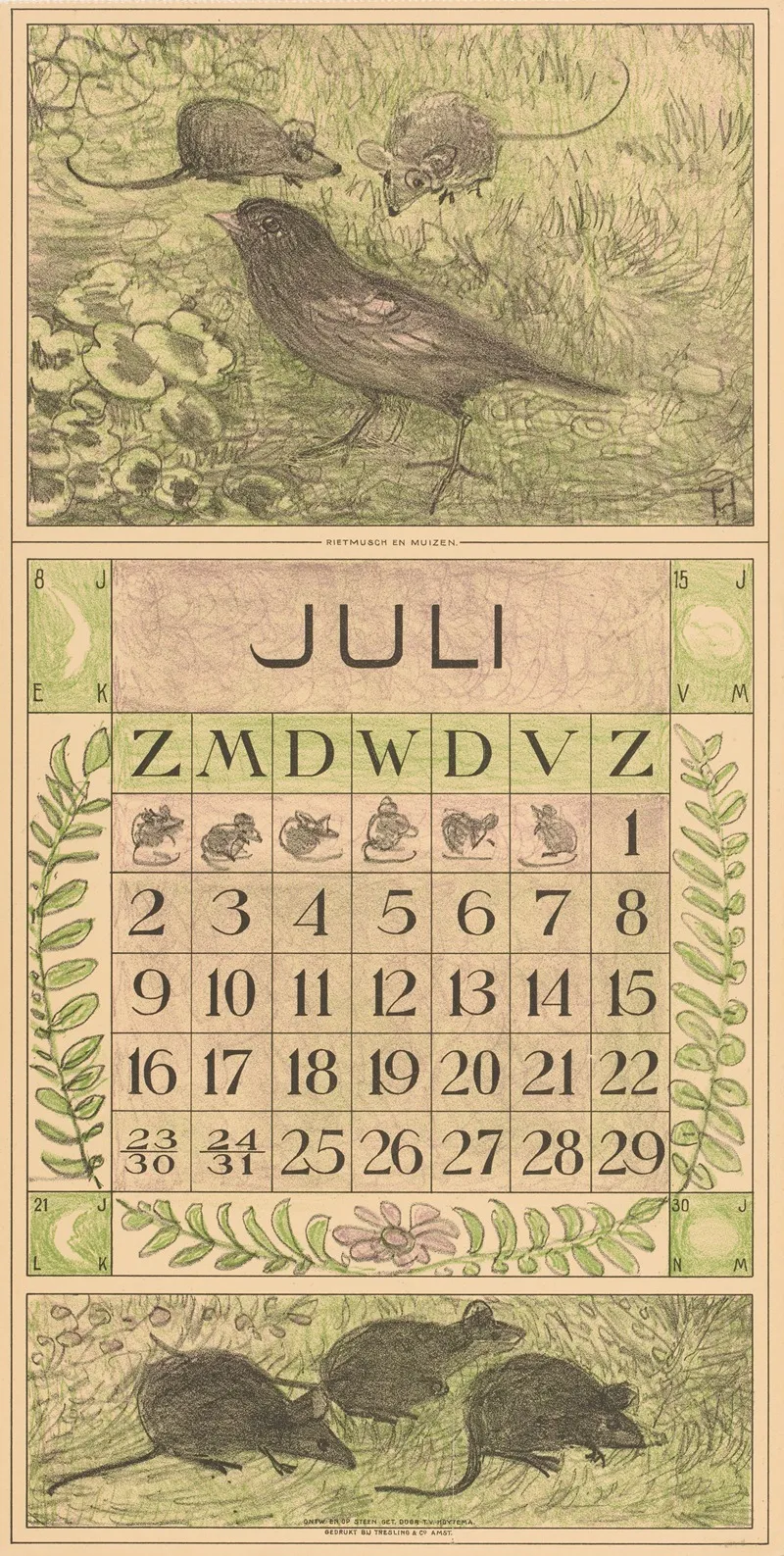 Kalenderblad Juli Met Vogel En Muizen