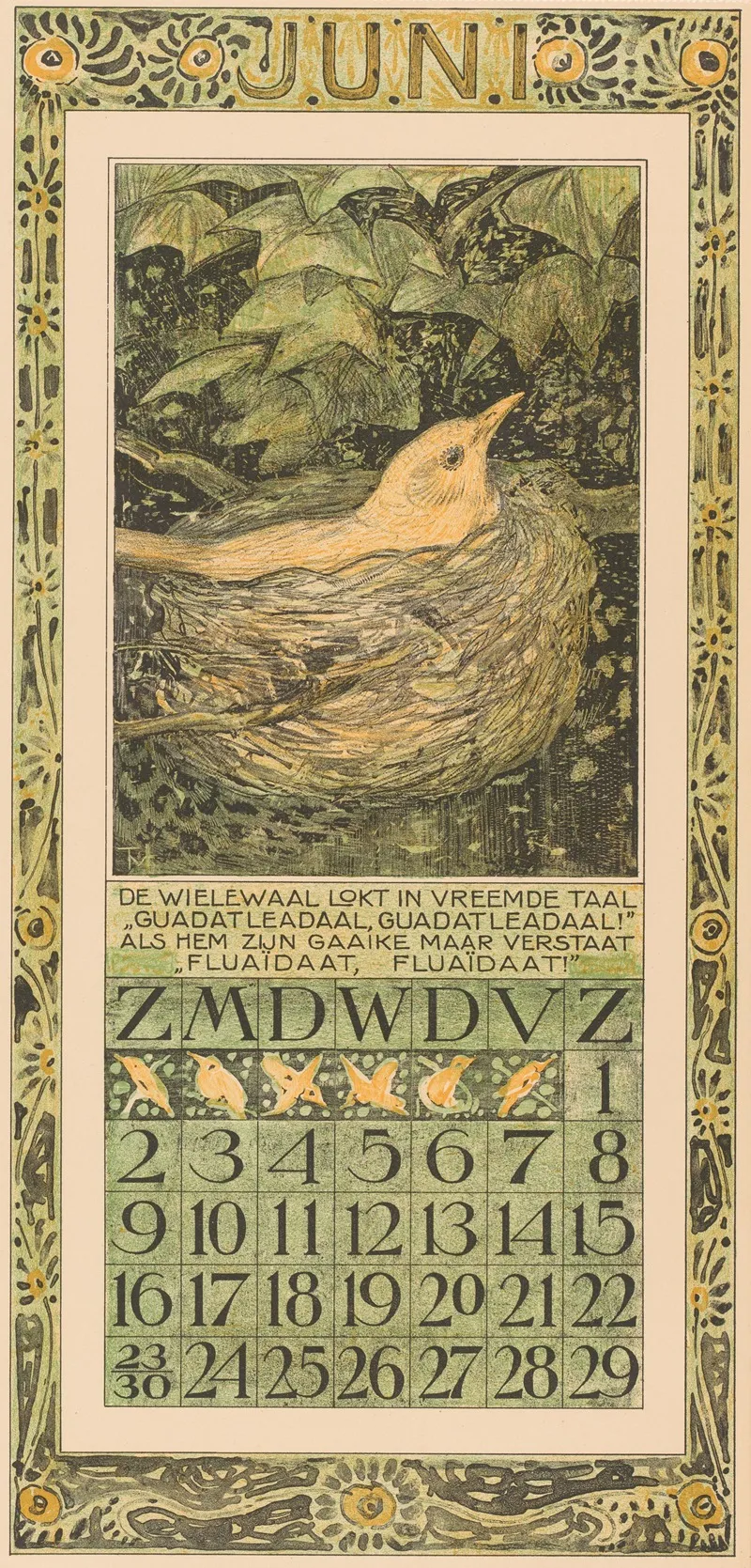 Kalenderblad Juni Met Broedende Vogel