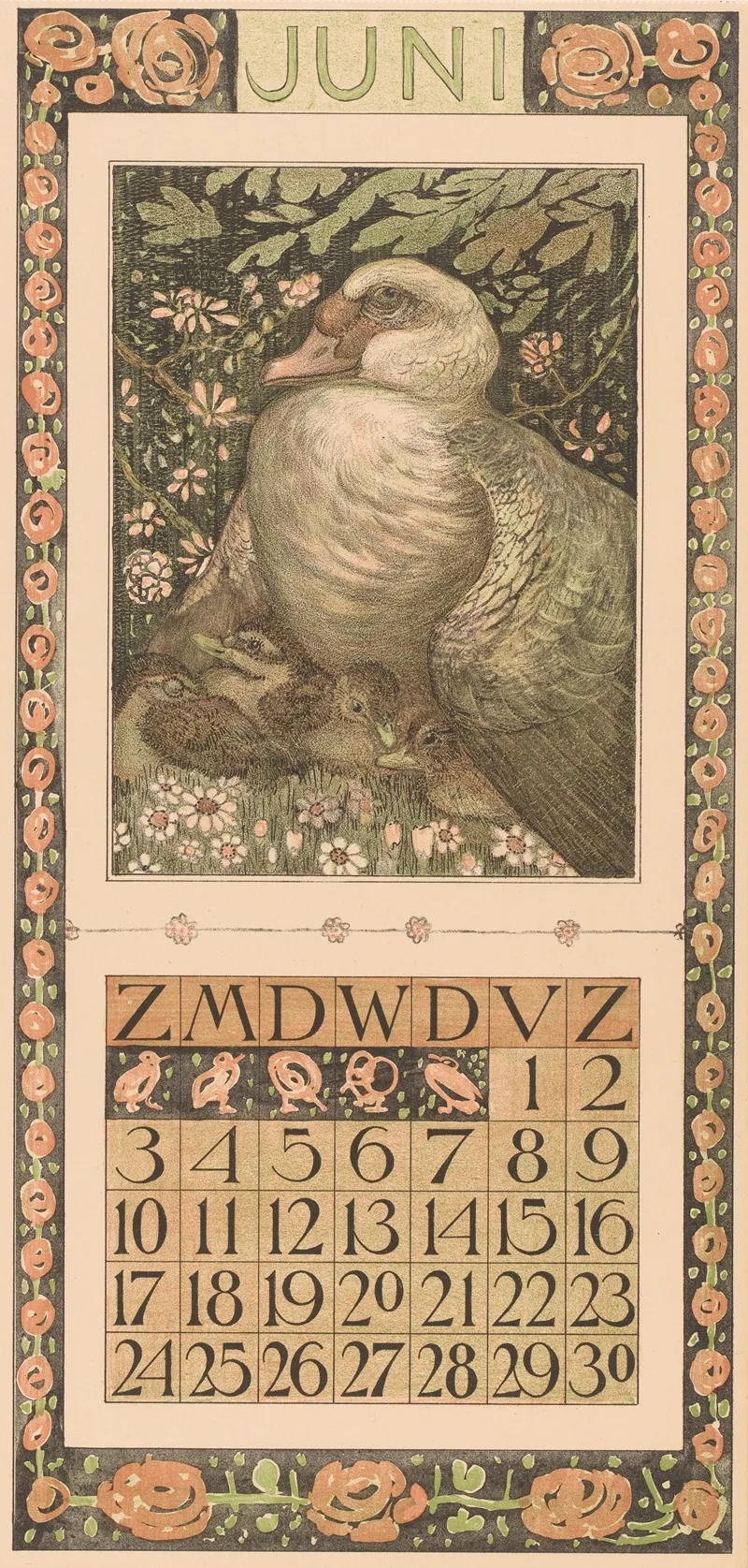 Kalenderblad Juni Met Eend Met Jongen