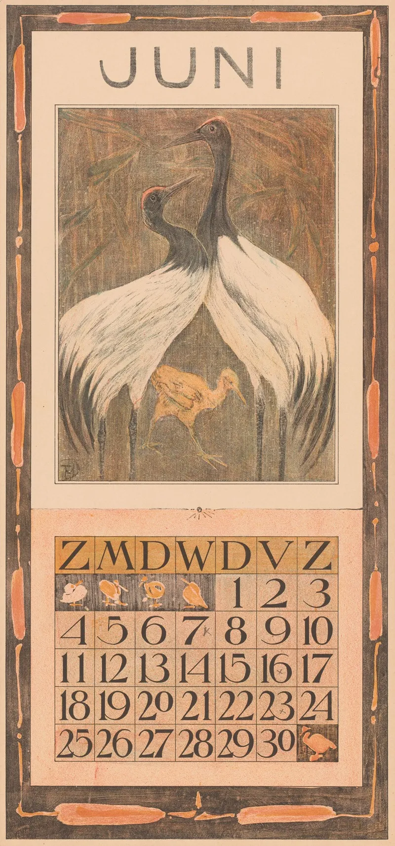 Kalenderblad Juni Met Twee Vogels En Een Kuiken