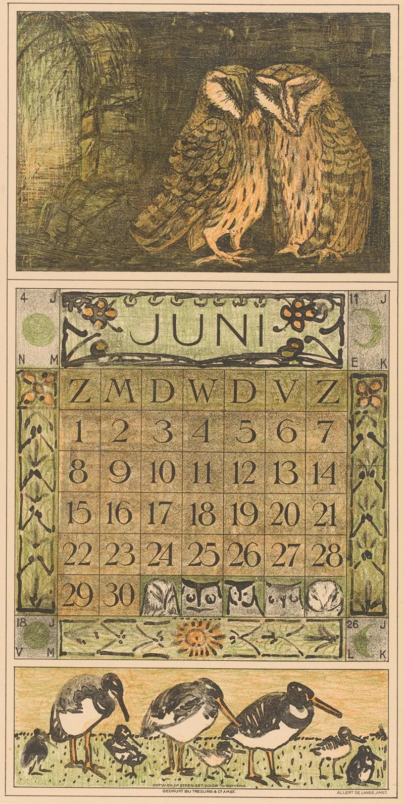 Kalenderblad Juni Met Uilen En Scholeksters