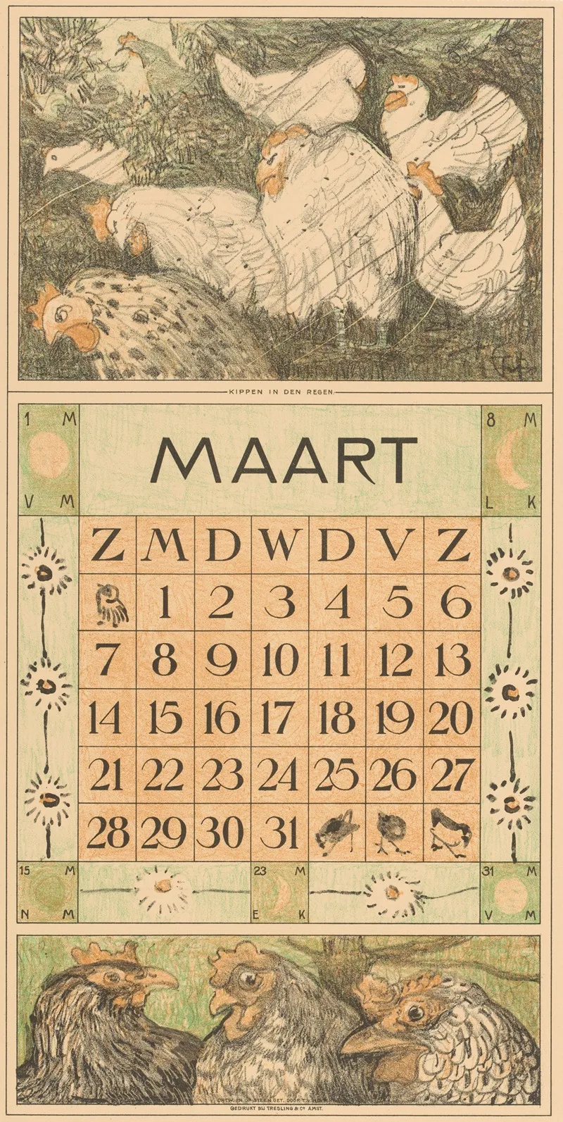 Kalenderblad Maart Met Kippen In De Regen