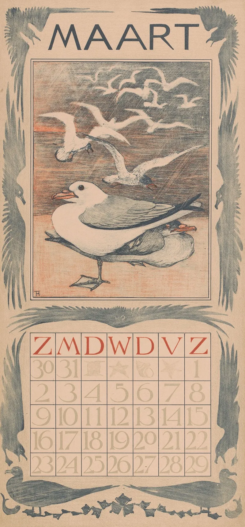Kalenderblad Maart Met Meeuwen