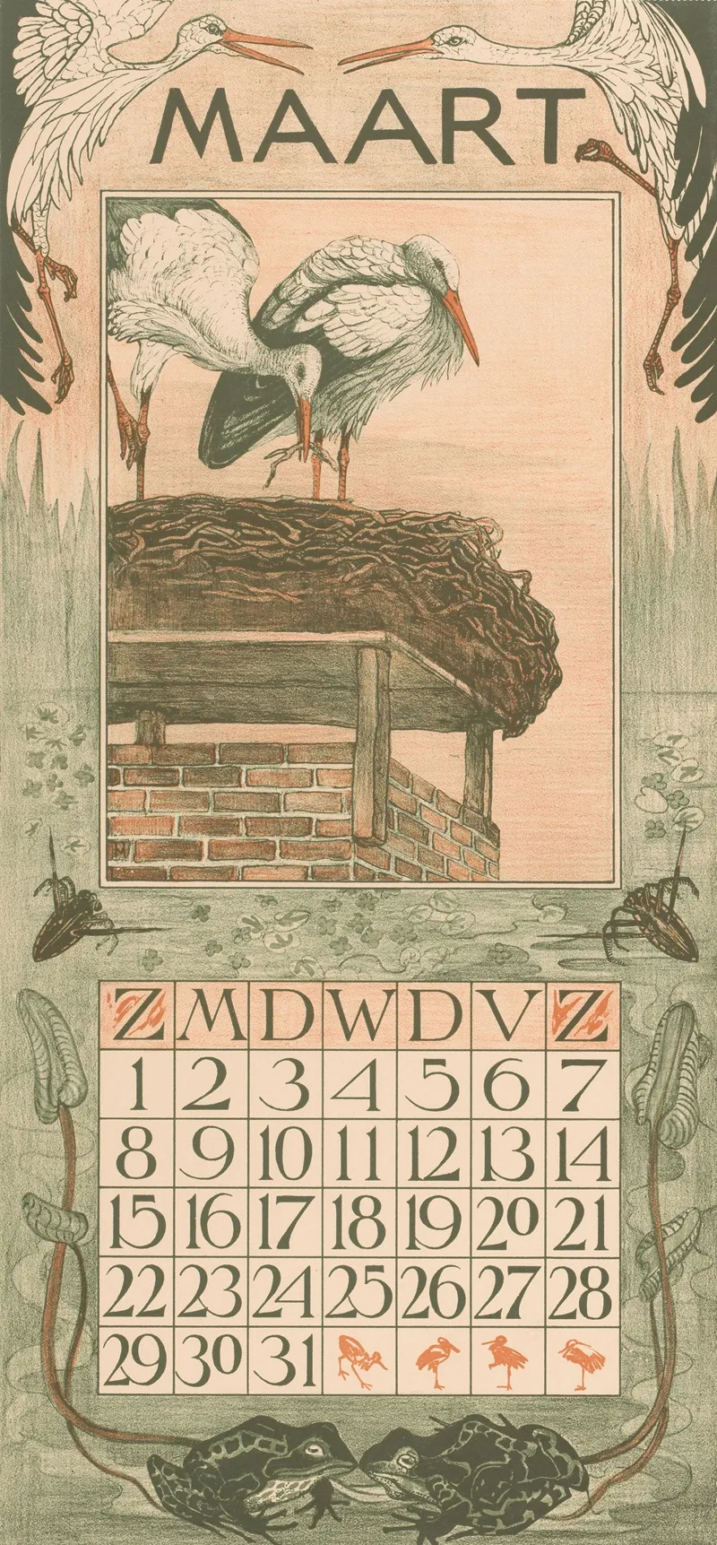 Kalenderblad Maart Met Ooievaars