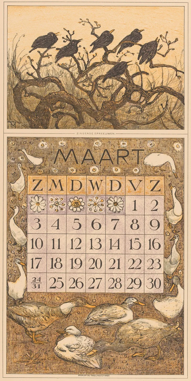 Kalenderblad Maart Met Spreeuwen En Eenden