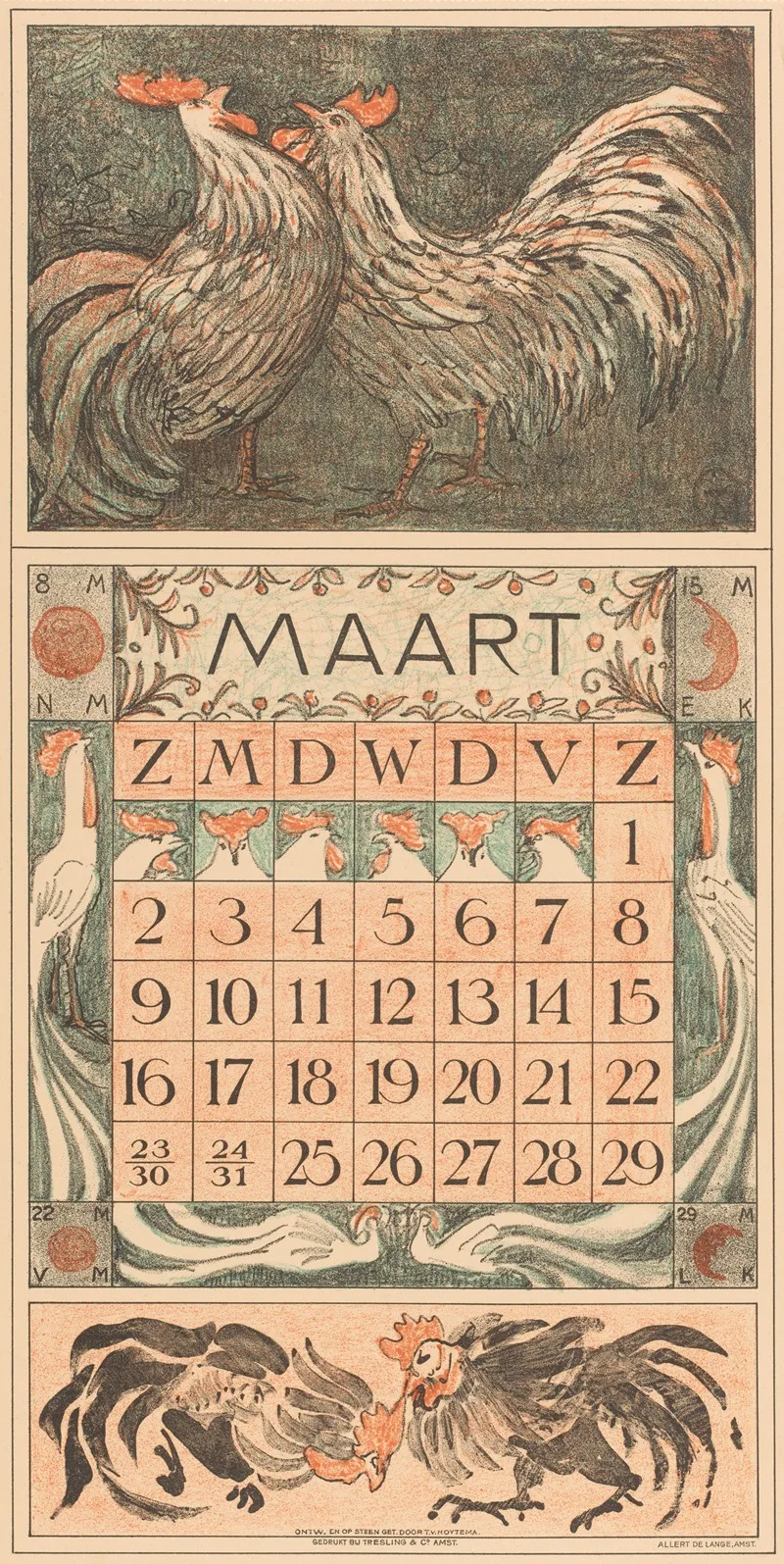 Kalenderblad Maart Met Twee Hanen 2