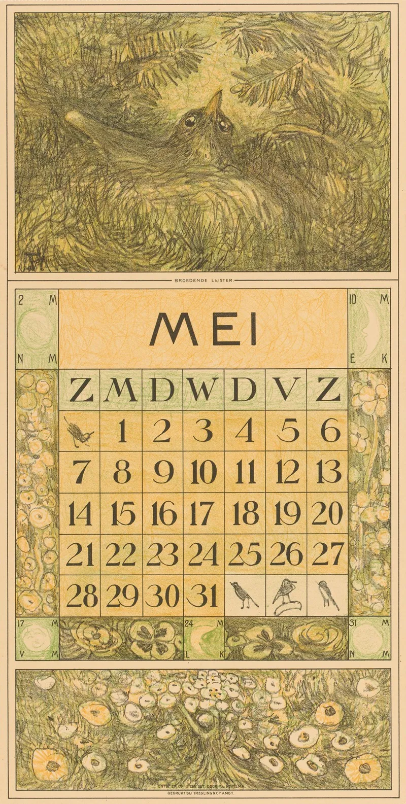Kalenderblad Mei Met Broedende Lijster