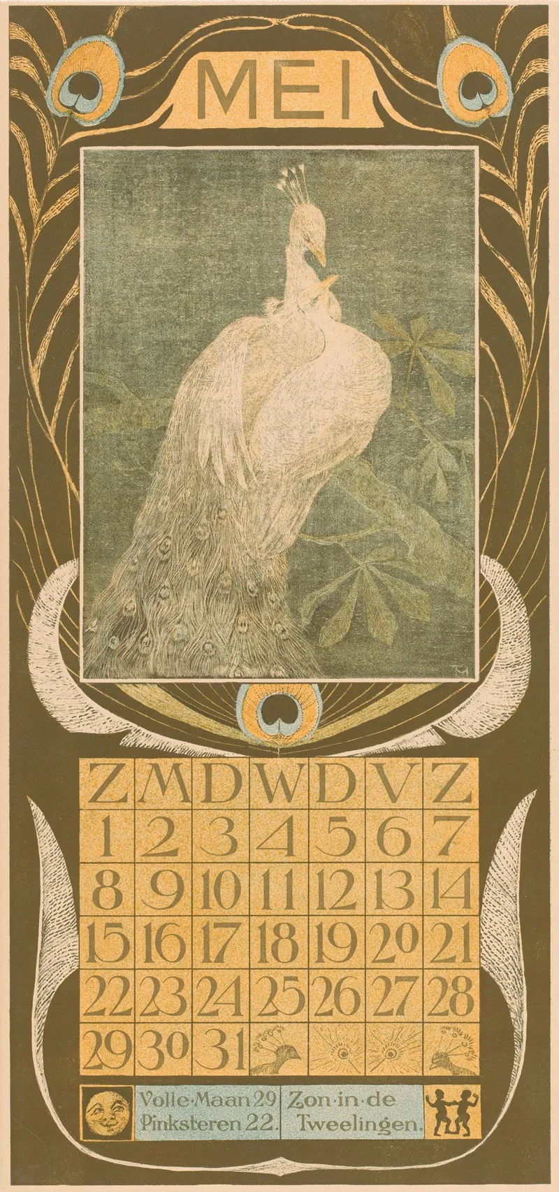 Kalenderblad Mei Met Twee Pauwen